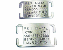 <strong>Boomerang Tag</strong> <br />I prefer boomerang tags that slide on to the collar and are jingle free! Your puppy will come home with a collar that is 3/4 of an inch wide. Be sure to order the Adjustable Collar Tag as shown with the open ends not the one that slides on a belt style collar.